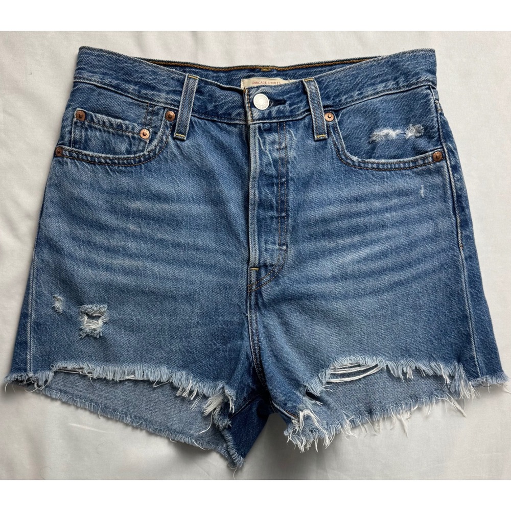 Levis Premium Ribcage Shorts Womens 29 High Rise Distressed Denim Medium Wash - Picture 3 of 16